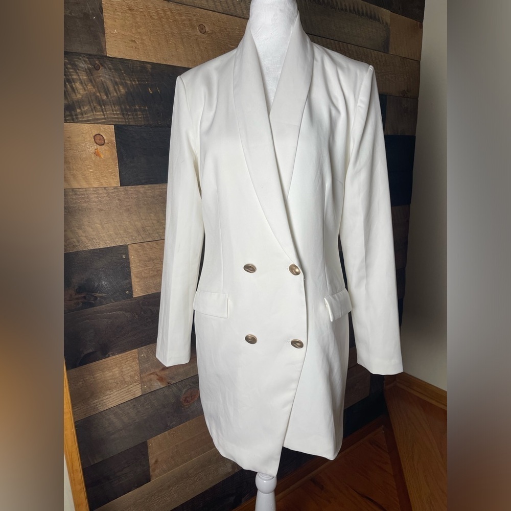 Pretty Little Things White Blazer Dress Gold Buttons, Size 8